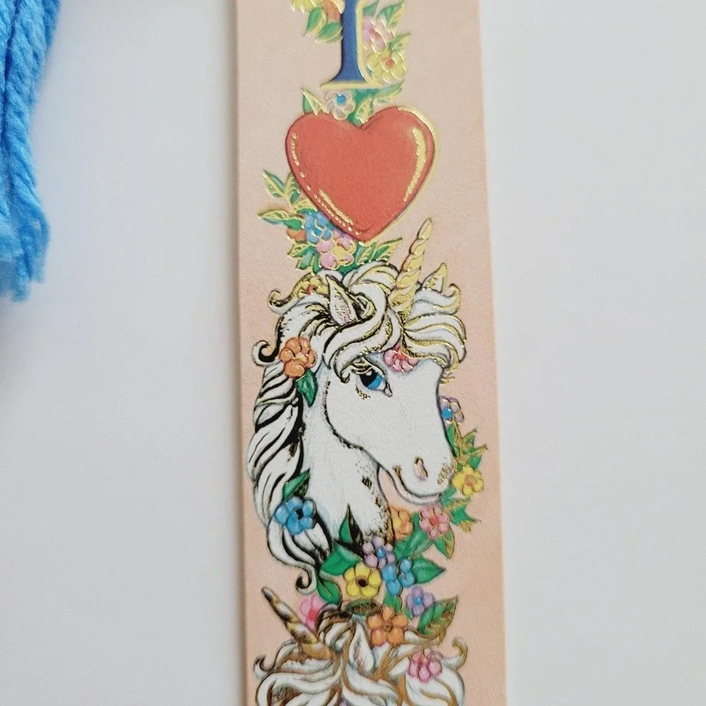 Vintage 80s Bookmark I Love Unicorns Heart Fairy Gold Embossed 1985 Antioch H613